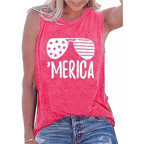 Women’s American Flag Tank – Sleeveless Sunglass Graphic Tee - Picture 1 of 7